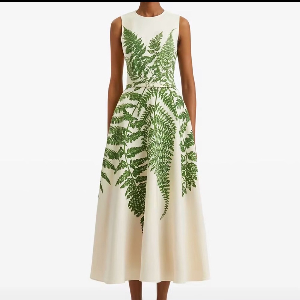 Sleeveless Cream Maxi Dress with Green Fern Print Size 4